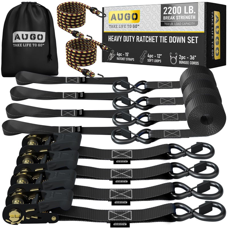 AUGO Ratchet Straps Heavy Duty 4 Pack -15 FT - 2200 LB Break Strength – Ratchet Tie Down Straps with Safety Lock S Hooks - Cargo Straps for Moving, Appliances, Motorcycle – Soft Loop Tie Down Straps - Image 1