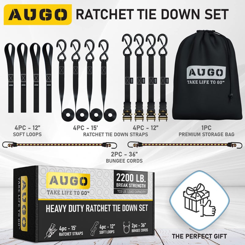 AUGO Ratchet Straps Heavy Duty 4 Pack -15 FT - 2200 LB Break Strength – Ratchet Tie Down Straps with Safety Lock S Hooks - Cargo Straps for Moving, Appliances, Motorcycle – Soft Loop Tie Down Straps - Image 5