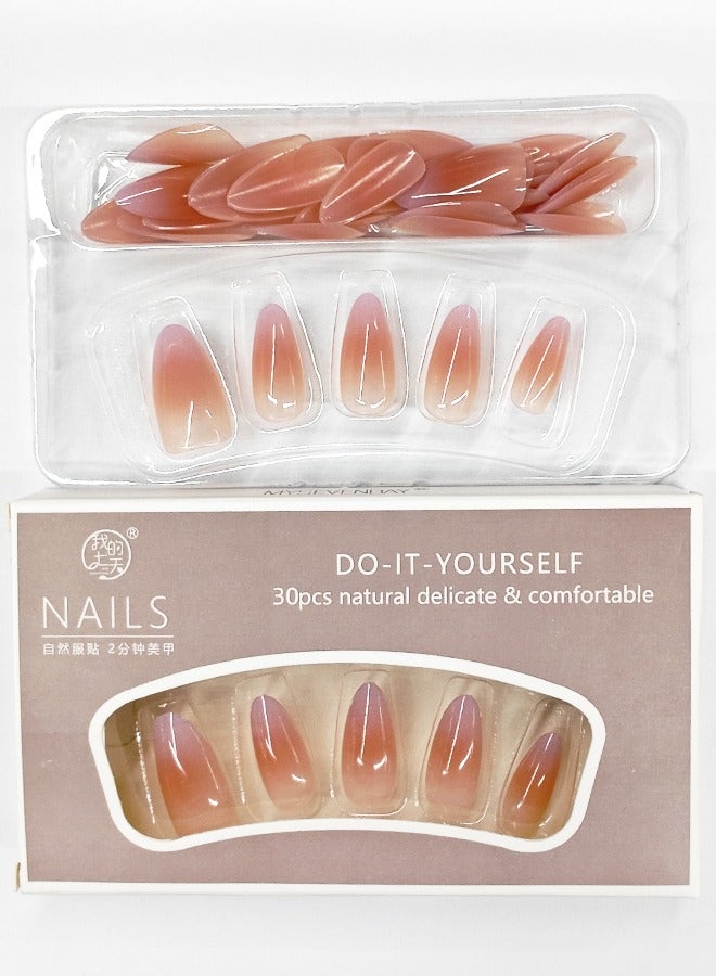 NIBEMINENT 30Pcs Fake Nails, Press Nails In Box,Mid-length Almond shaped Solid Gradient Reddish Purple Color Shiny Nail Art, Fake Nail Patch - Image 3