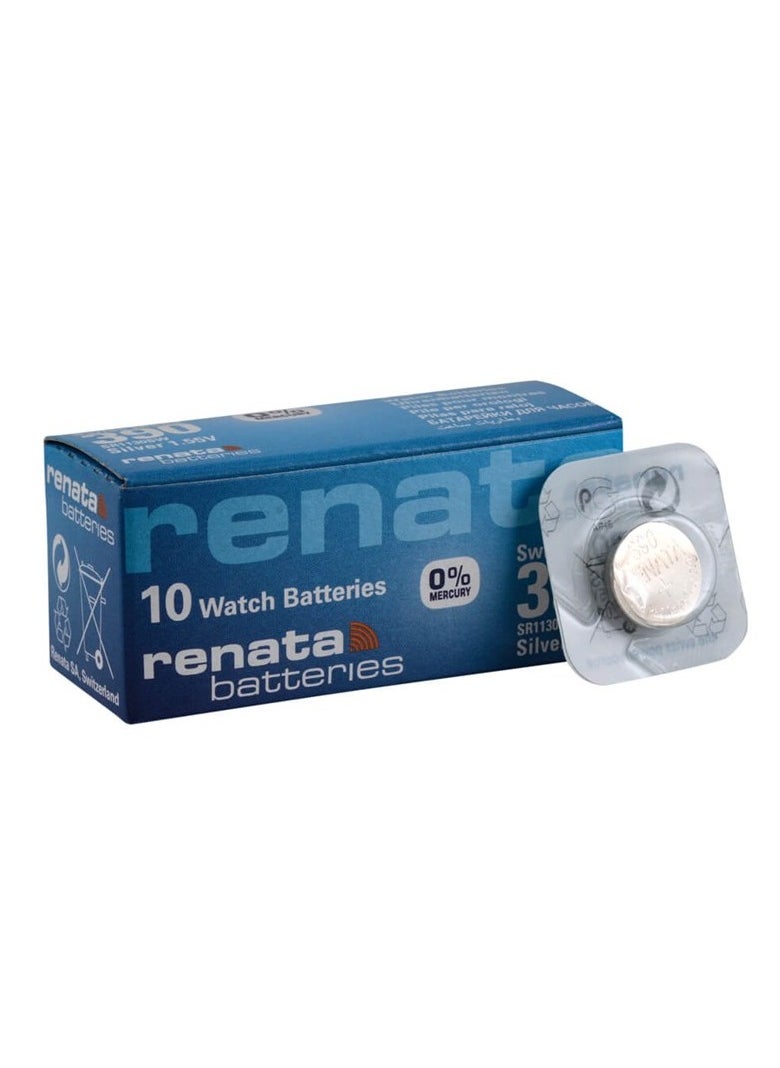 Renata - Renata 390 Watch Battery (SR1130SW), Silver Oxide 1.55V Battery, Pack of 10 Batteries - Image 1
