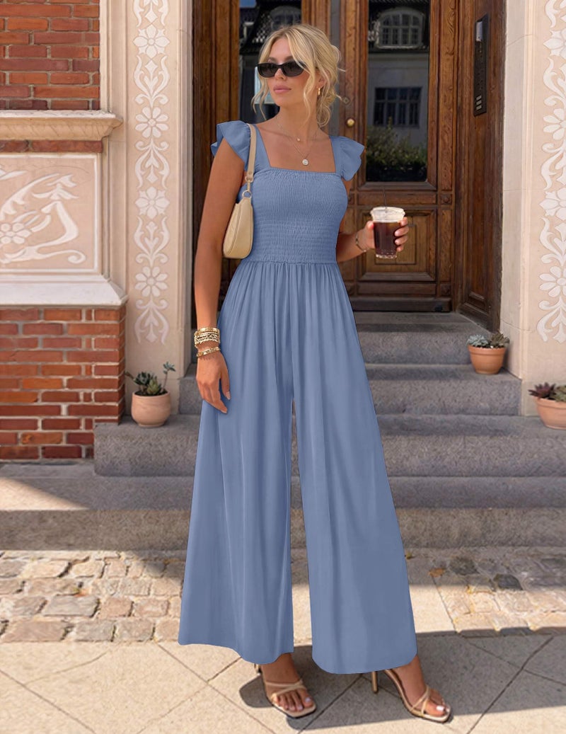 Ekouaer Womens Casual Jumpsuits Summer Boho Outfits Printed Smocked Wide Leg Vacation Jumper With Pockets Blue S - Image 2