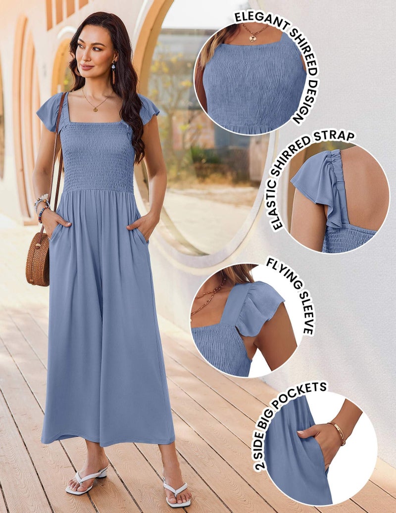 Ekouaer Womens Casual Jumpsuits Summer Boho Outfits Printed Smocked Wide Leg Vacation Jumper With Pockets Blue S - Image 5