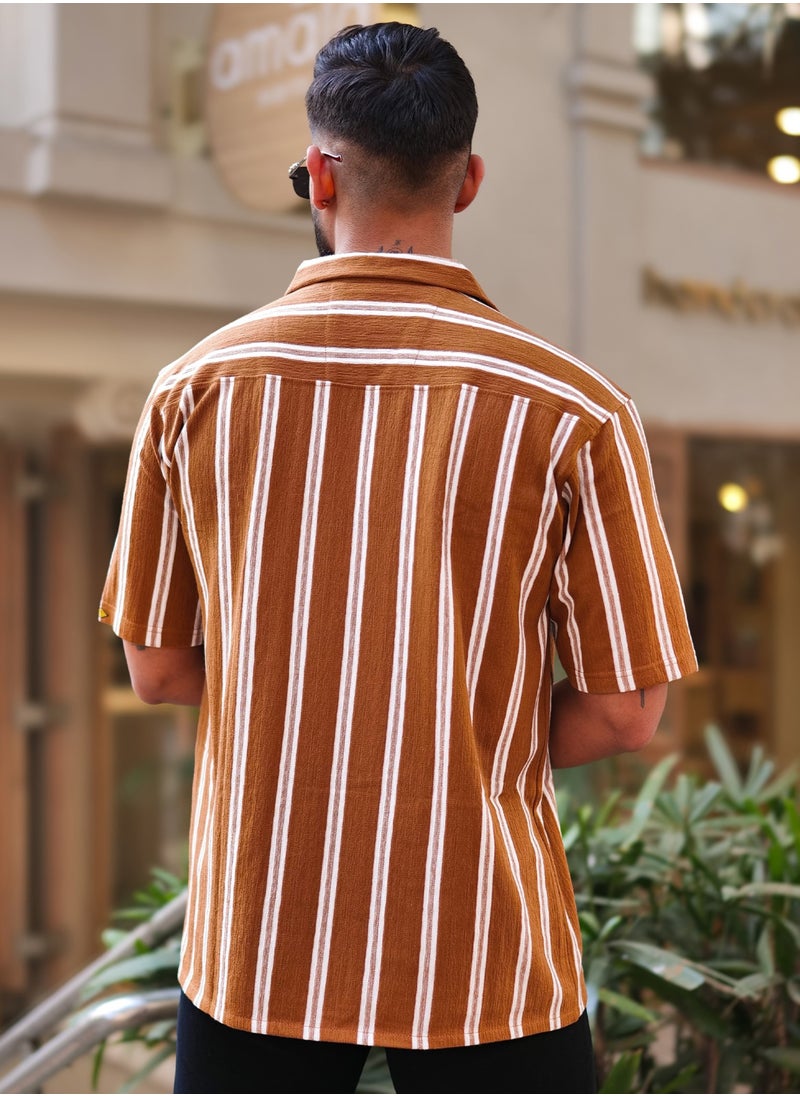 Maniac Maniac Mens Vertical Stripes Half Sleeve Terry Fabric Rust Slim Fit Shirt  - Image 3
