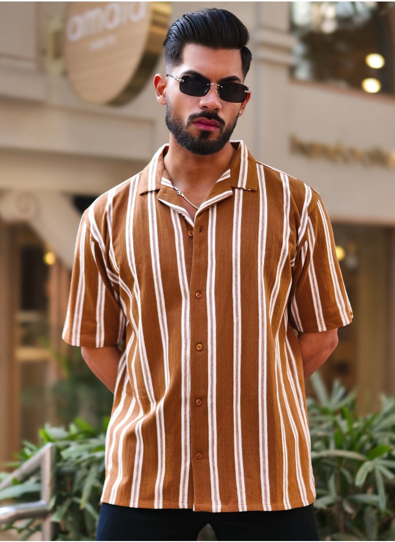 Maniac Maniac Mens Vertical Stripes Half Sleeve Terry Fabric Rust Slim Fit Shirt  - Image 2