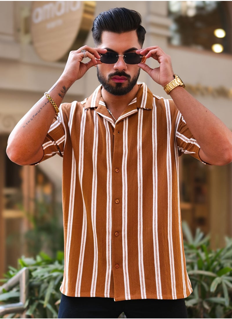 Maniac Maniac Mens Vertical Stripes Half Sleeve Terry Fabric Rust Slim Fit Shirt  - Image 4