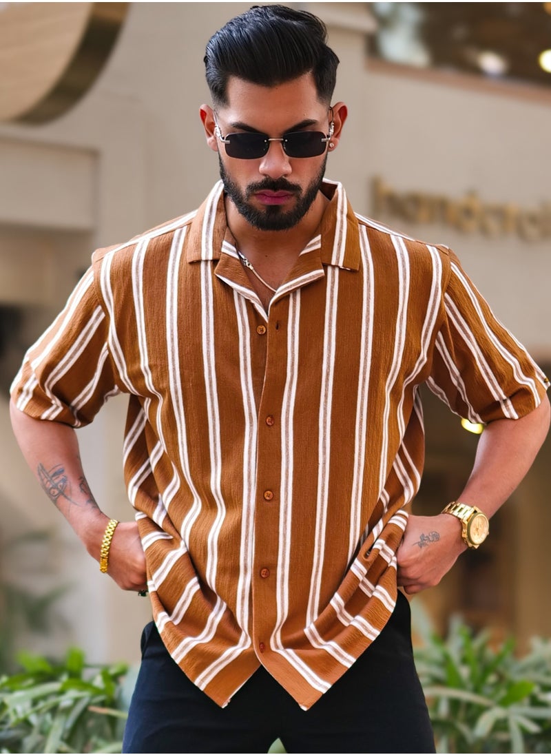 Maniac Maniac Mens Vertical Stripes Half Sleeve Terry Fabric Rust Slim Fit Shirt  - Image 1