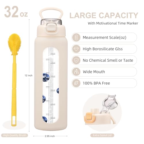 chunmo 32 oz Glass Water Bottles with 2 Lids-Handle Spout Lid & Straw Lid, 1 Liter Motivational Borosilicate Water Bottle with Time Marker and Silicone Sleeve,Leakproof-White-1 Pack - Image 4