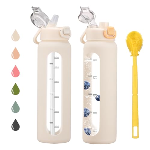 chunmo 32 oz Glass Water Bottles with 2 Lids-Handle Spout Lid & Straw Lid, 1 Liter Motivational Borosilicate Water Bottle with Time Marker and Silicone Sleeve,Leakproof-White-1 Pack - Image 1