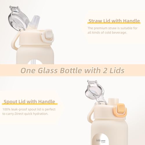 chunmo 32 oz Glass Water Bottles with 2 Lids-Handle Spout Lid & Straw Lid, 1 Liter Motivational Borosilicate Water Bottle with Time Marker and Silicone Sleeve,Leakproof-White-1 Pack - Image 2