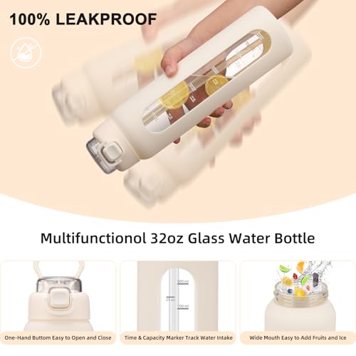 chunmo 32 oz Glass Water Bottles with 2 Lids-Handle Spout Lid & Straw Lid, 1 Liter Motivational Borosilicate Water Bottle with Time Marker and Silicone Sleeve,Leakproof-White-1 Pack - Image 3
