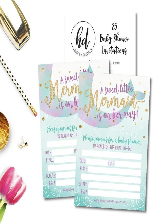 Hadley Designs دعوات حفلة استحمام المولود 25 من هادلي ديزاينز، دعوة رذاذ للبنت، تحت البحر البحرية في طريقها، بطاقة فارغة لطباعة أو كتابة لطيفة مطبوعة بالذهب، مستلزمات حفلة توأم حديثة - Image 4