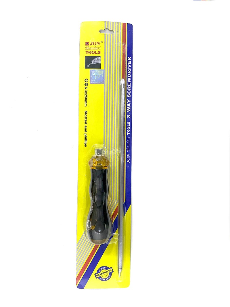 Jon Bhandari Tools 3-Way Interchangeable Screwdriver | Slotted & Phillips Head (6.3 x 250mm) | Heavy Duty Hand Tool for Home, Garage & Electrical Use - Image 1