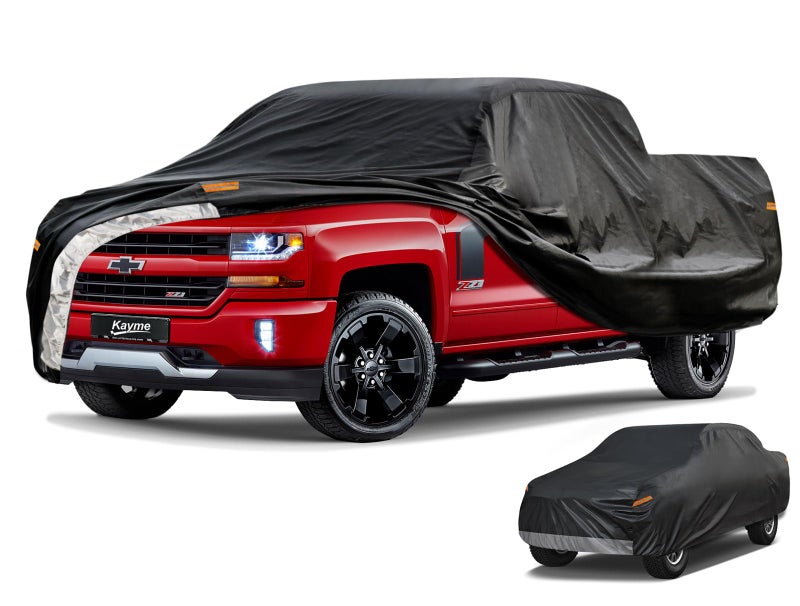 Kayme 7 Layers Truck Cover Waterproof All Weather Universal Fit Chevy Silverado GMC Sierra Ford F150F 150 Heavy Duty Outdoor Pickup Cover Snow Uv Sun Protection Length Up to 250 inch XXLBlack