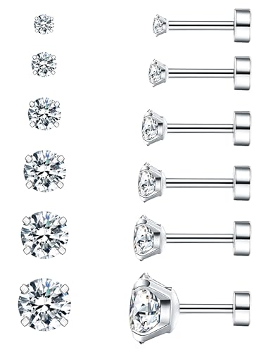 WSSXC 6 Pairs Hypoallergenic Cubic Zirconia Earrings Surgical Steel Flat Back Studs for Cartilage, Screw Back Fashion Jewelry - Image 1