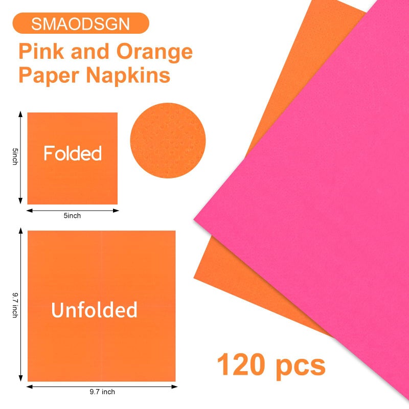 120 Pcs Pink and Orange Paper Napkins 9"x9" Sturdy Disposable Luncheon Napkins for Cocktails and Beverages - Great for Bachelorette Party, Birthday, Baby Shower - Image 2