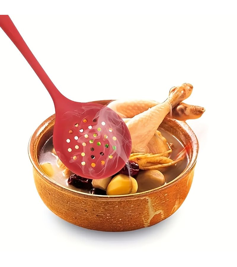 1pc Red Silicone All In One Colander With Long Handle Non Stick Slotted Spoon For Easy Cooking And Cleaning - Image 4
