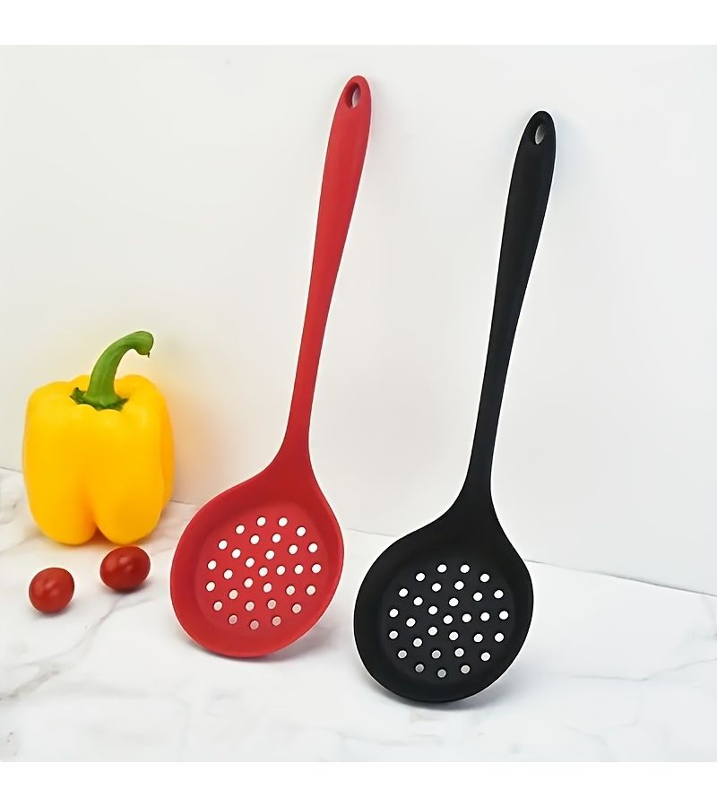 1pc Red Silicone All In One Colander With Long Handle Non Stick Slotted Spoon For Easy Cooking And Cleaning - Image 1
