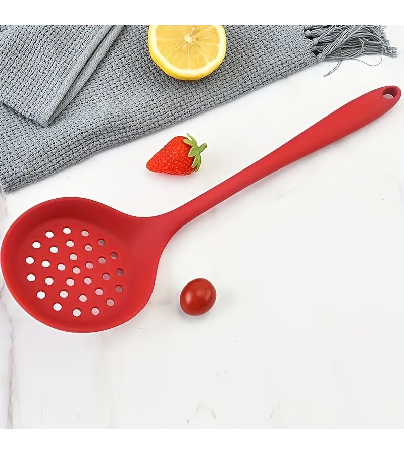 1pc Red Silicone All In One Colander With Long Handle Non Stick Slotted Spoon For Easy Cooking And Cleaning - Image 3