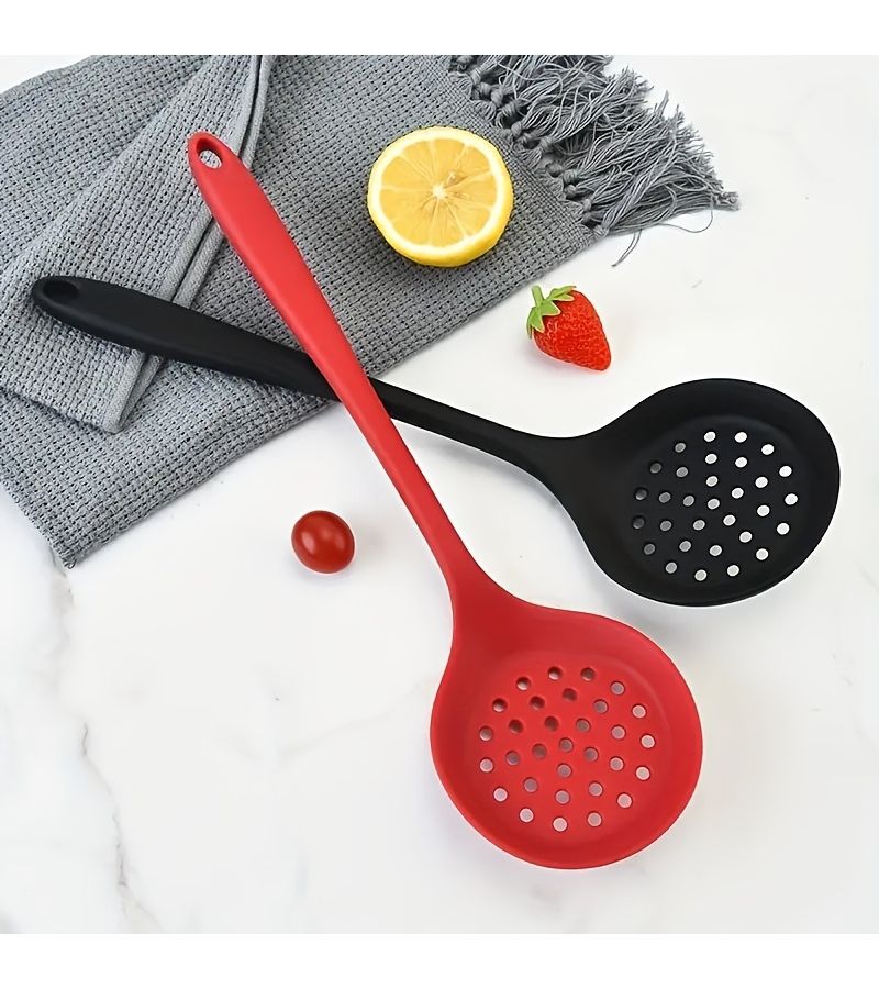 1pc Red Silicone All In One Colander With Long Handle Non Stick Slotted Spoon For Easy Cooking And Cleaning - Image 2