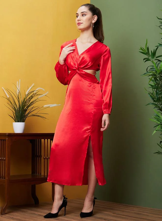 جلو باص Globus Women Red Solid Cut Out Sheath Midi Dress with Twist Front
