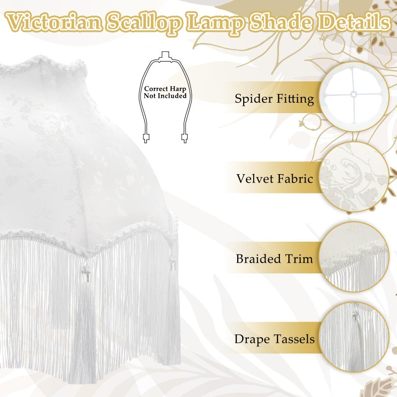 VIHOSE Victorian Scallop Lamp Shade Vintage Large 7.5" Top x 15.8" Bottom x 15 "High Replacement Lamp Shade with Tassels and Fringe Finial Fitting Bell Shape Scallop Fringe(Cream White) - Image 3