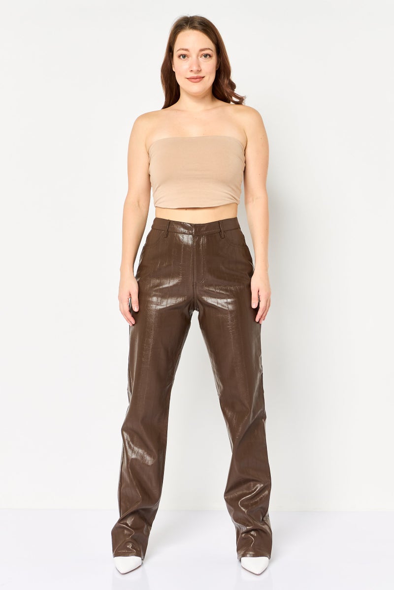 Envii سروال نسائي واسع من الجلد الصناعي بتصميم عادي، بني شوكولاتة - Image 2