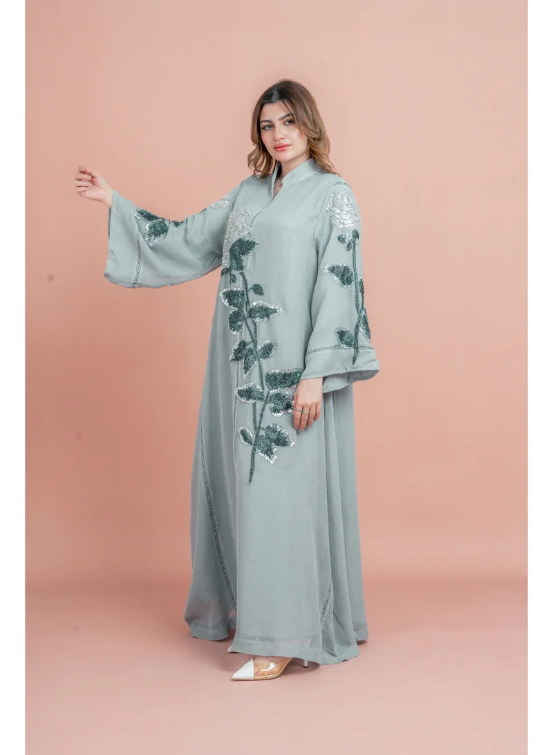اكسا جلابية عصرية شغل كرستال يدوي IK1034 رمادي