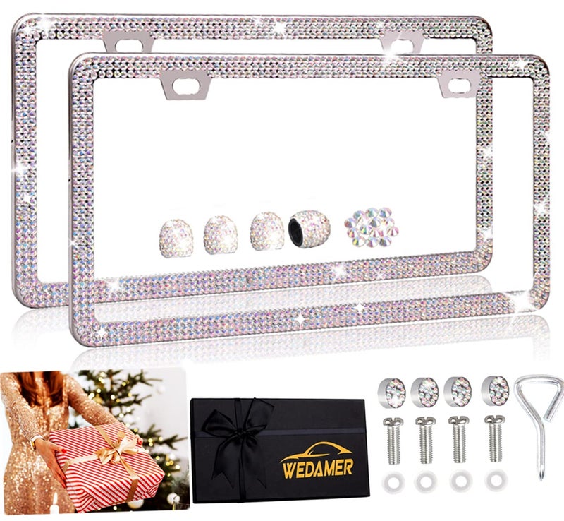 WEDAMER 2 Pack Bling License Plate Frames for Women, Sparkly Rhinestone License Plate Frame Diamond License Plate Frame Glitter Bedazzled Girly License Plate Frames Holder Cover Bling Tire Valve Caps - Image 1