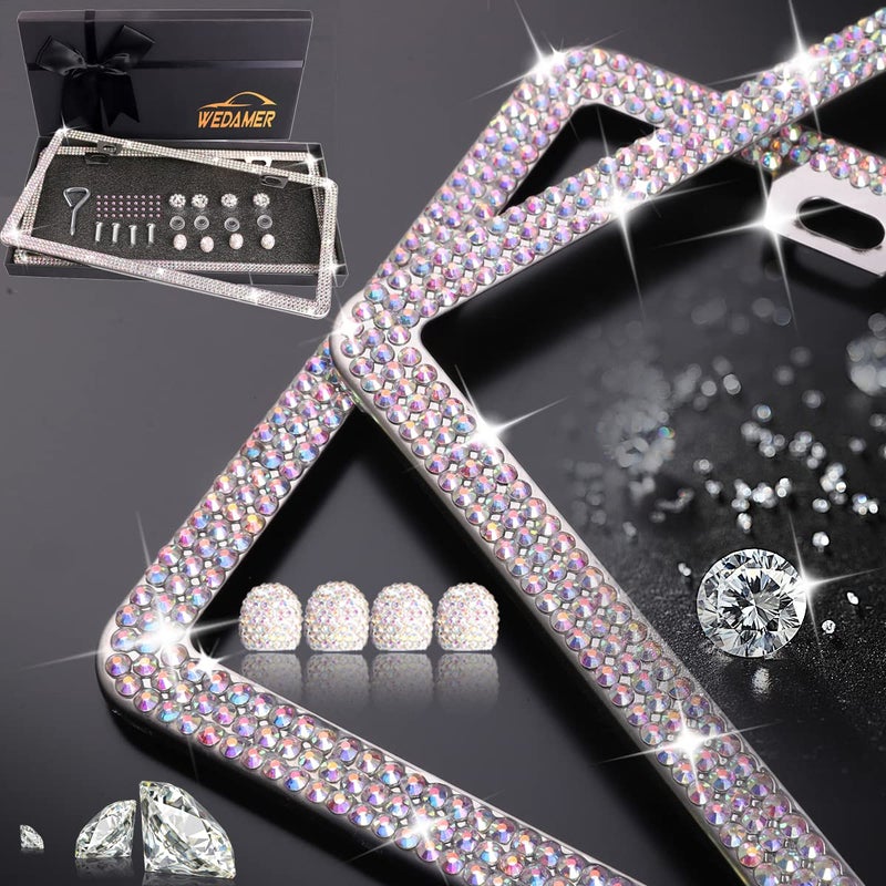 WEDAMER 2 Pack Bling License Plate Frames for Women, Sparkly Rhinestone License Plate Frame Diamond License Plate Frame Glitter Bedazzled Girly License Plate Frames Holder Cover Bling Tire Valve Caps - Image 3