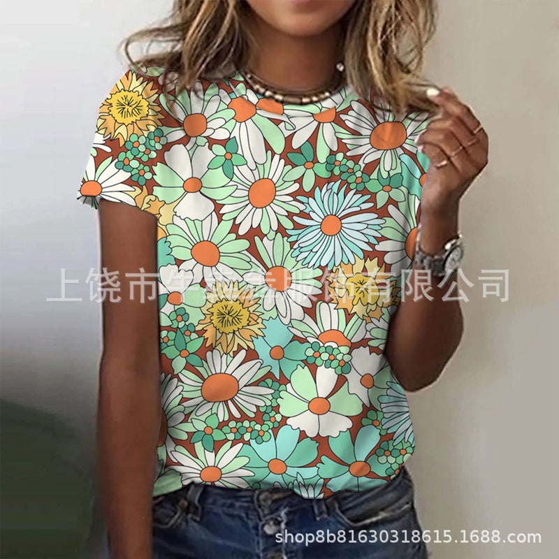 Summer 3Dt Shirt Short Sleeve Leisure Floral Wind Printing Ladies Short Sleeve T-Shirt - Image 1