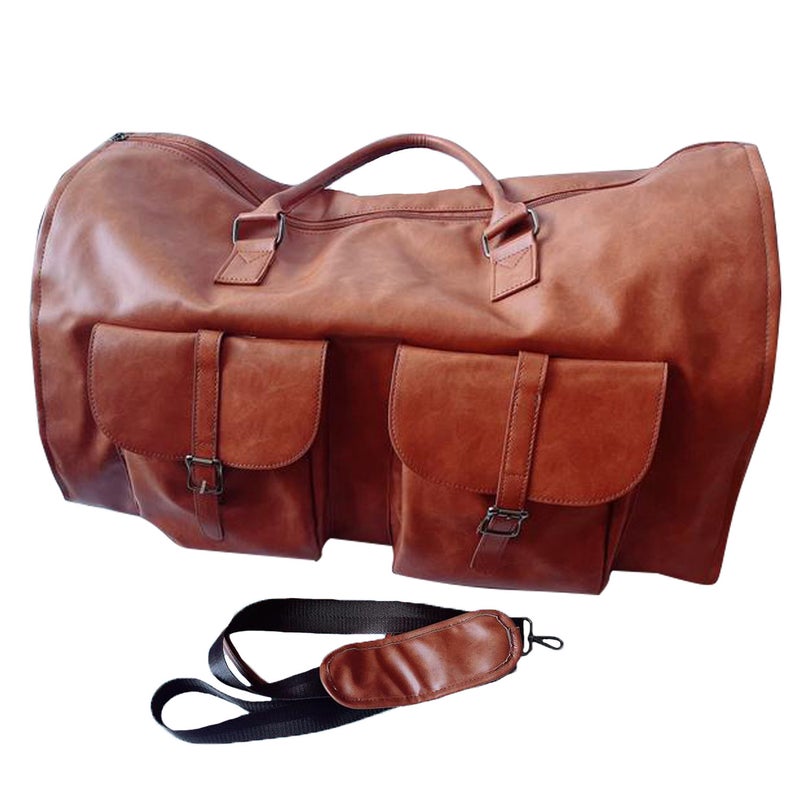 Convertible Luggage Bag: Brown High-Quality Leather Spacious Interior - Detachable Shoulder Straps Portable Clothing Bag for Travel Enthusiasts - Image 1