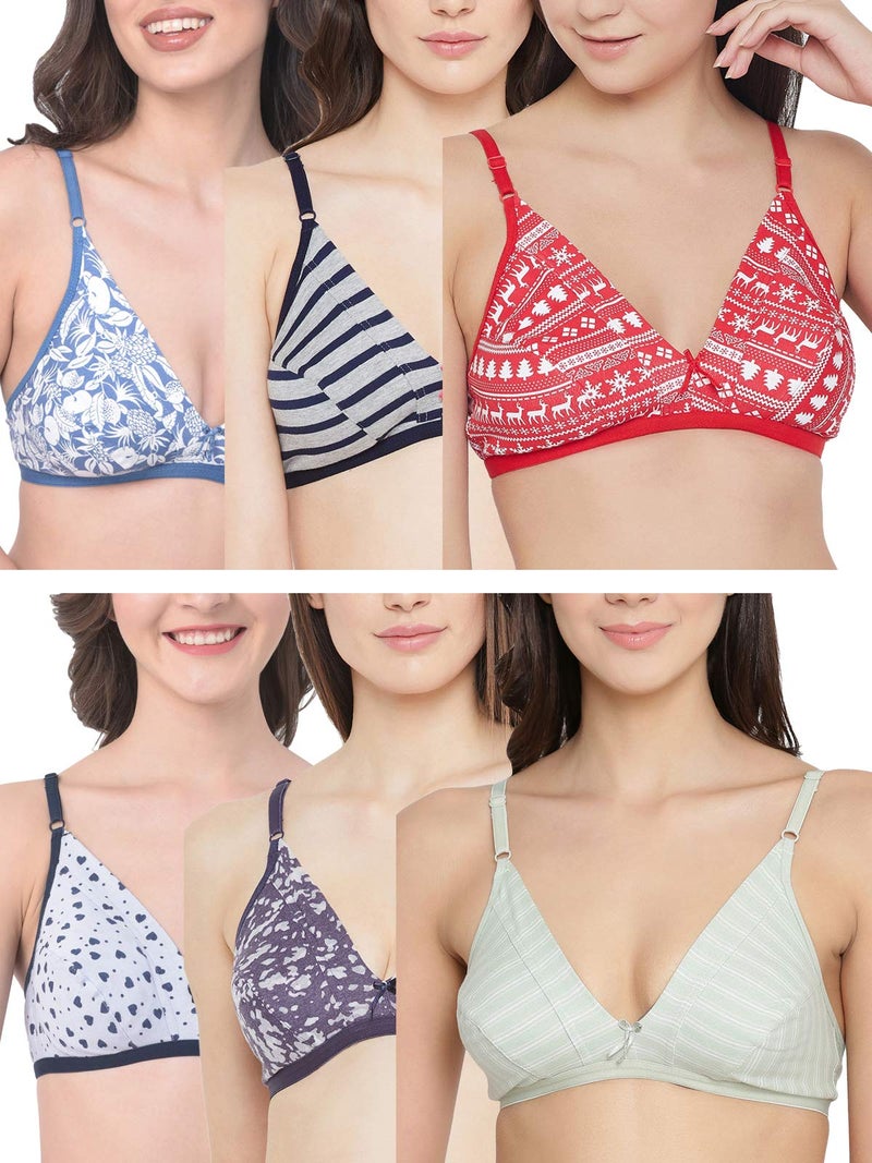 Clovia Women's Pack of 6 Cotton Non Padded Non-Wired Full Cup T-Shirt Bra (COMBRC717_Multicolored_32C) (Print and Color May Vary) - Image 1