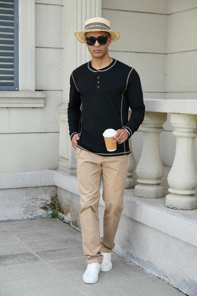Estokap Men's Henley Shirts Long Sleeve Casual Button T-Shirt Lightweight Cotton Pullover Shirts Black - Image 3