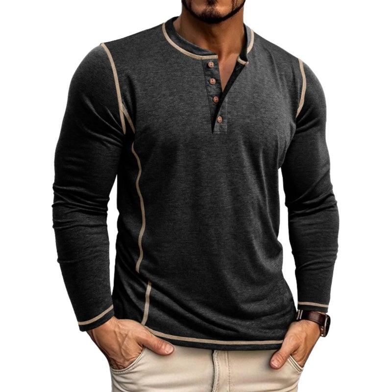 Estokap Men's Henley Shirts Long Sleeve Casual Button T-Shirt Lightweight Cotton Pullover Shirts Black - Image 1