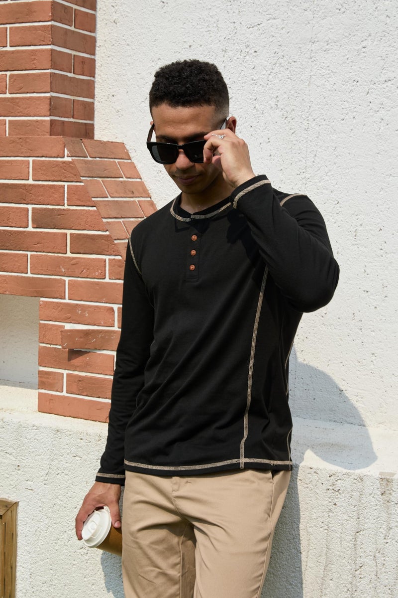 Estokap Men's Henley Shirts Long Sleeve Casual Button T-Shirt Lightweight Cotton Pullover Shirts Black - Image 2