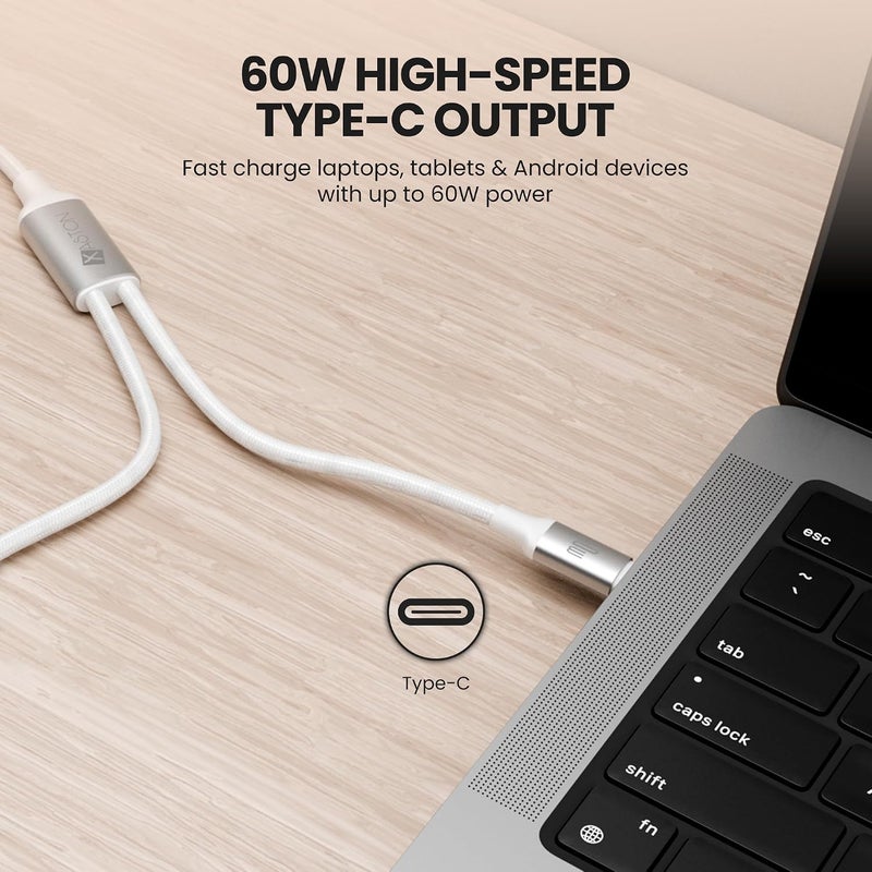اكساستون كابل شحن 2 في 1 USB-C و Lightning، شحن سريع بقدرة 60 واط PD + شحن سريع بقدرة 27 واط، نقل بيانات بسرعة 480 ميجابت/ثانية، كابل شحن مزدوج مضفر من النايلون بطول 1.2 متر لأجهزة iPhone 16 15 14 13، iPad (أبيض) - Image 3