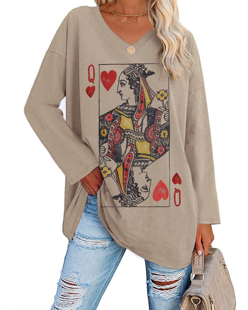 Fazortev Womens Oversized Long Sleeve Queen of Hearts Graphic T Shirts V Neck Casual Loose Fit Tees Tunic Tops Khaki - Image 1