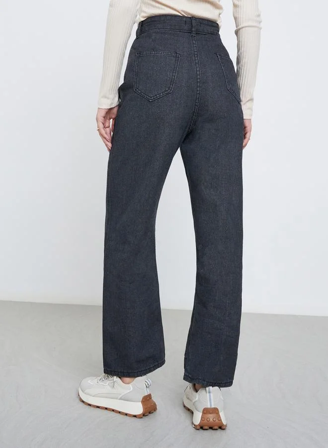 Styli Black Styli Solid Mid Rise Wide Leg Jeans for Women | Best Price UAE