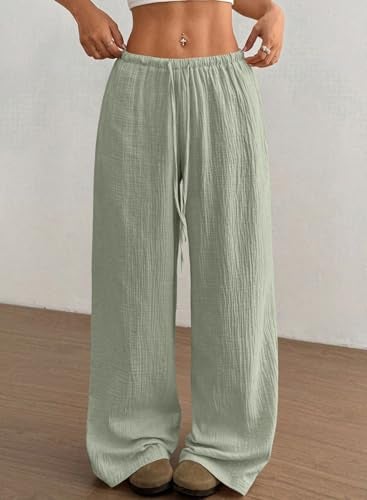 Acelitt Women’s Wide Leg Palazzo Pants Drawstring Elastic Waist Casual Loose Lounge Pants Beach Trousers Teacher Outfits for Women Green Small - Image 4