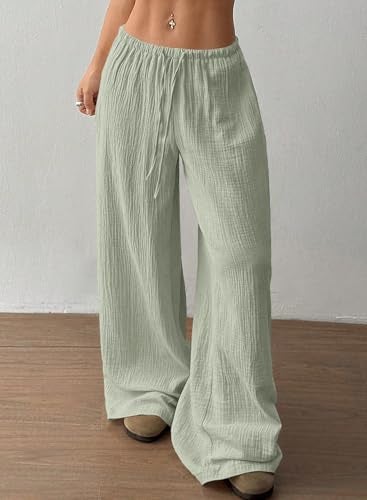 Acelitt Women’s Wide Leg Palazzo Pants Drawstring Elastic Waist Casual Loose Lounge Pants Beach Trousers Teacher Outfits for Women Green Small - Image 2