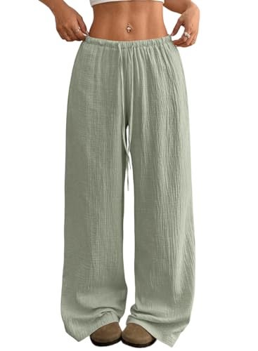 Acelitt Women’s Wide Leg Palazzo Pants Drawstring Elastic Waist Casual Loose Lounge Pants Beach Trousers Teacher Outfits for Women Green Small - Image 1