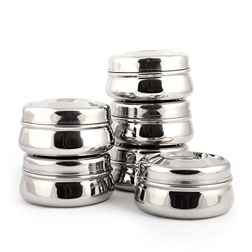 Coconut Stainless Steel Dhanush Dabba/Container/Storage Box - Set of 6 (200 ML Each) Diameter : 4 Inch. Height : 1.5 Inch - Image 1