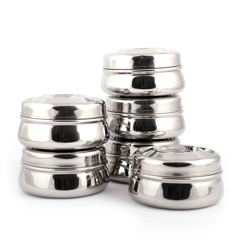 Coconut Stainless Steel Dhanush Dabba/Container/Storage Box - Set of 6 (200 ML Each) Diameter : 4 Inch. Height : 1.5 Inch - Image 4