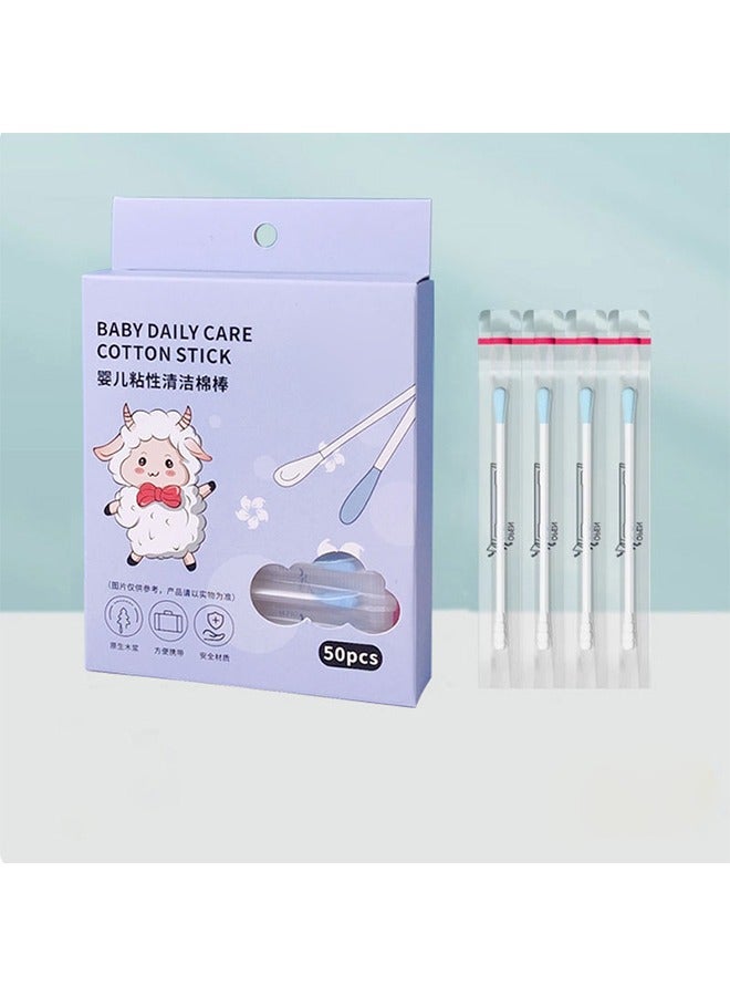 50 Baby Cotton Swabs, Ear Cleaner, Biodegradable Baby Cotton Sticks, Child-safe Cotton Swabs, Individually Packaged, Made of Safe Cotton, Double-ended Design, Cleaning Sticks, for Cleaning Baby's Ears and Nose Wax - Image 1