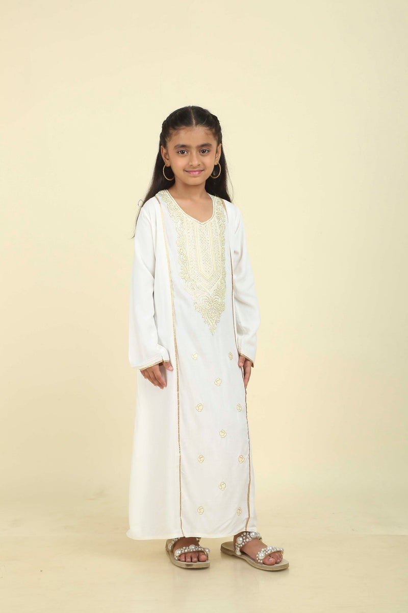 HANA & SARA Girls Arabic Jalabiya – Elegant White Embroidered Long Dress with Traditional Neck Work - Image 5