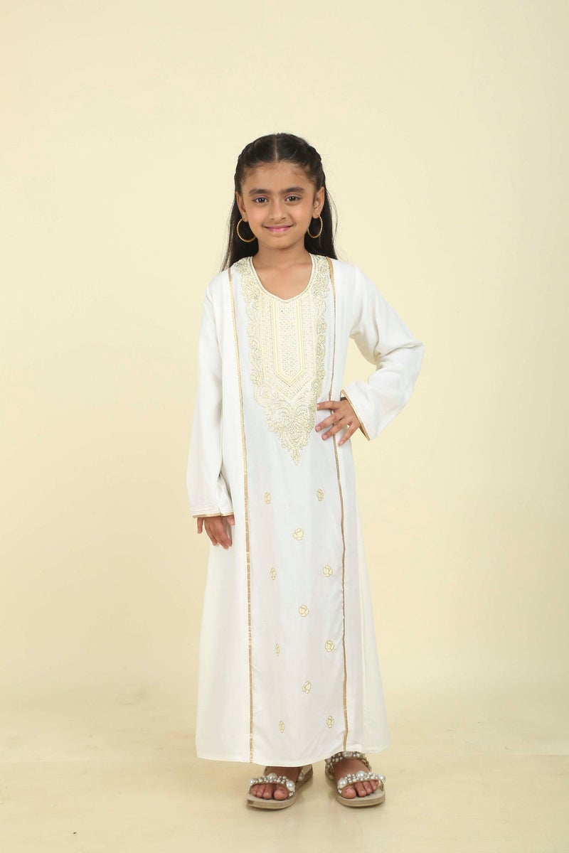 HANA & SARA Girls Arabic Jalabiya – Elegant White Embroidered Long Dress with Traditional Neck Work - Image 2