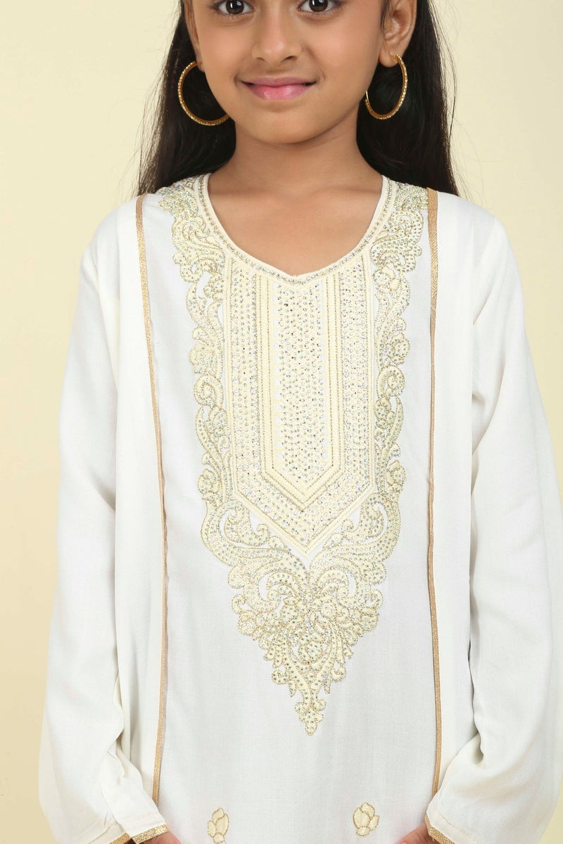 HANA & SARA Girls Arabic Jalabiya – Elegant White Embroidered Long Dress with Traditional Neck Work - Image 4