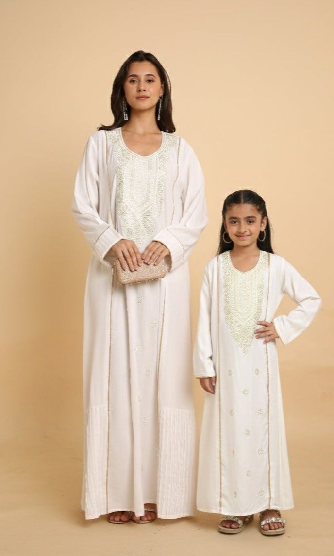 HANA & SARA Girls Arabic Jalabiya – Elegant White Embroidered Long Dress with Traditional Neck Work - Image 1
