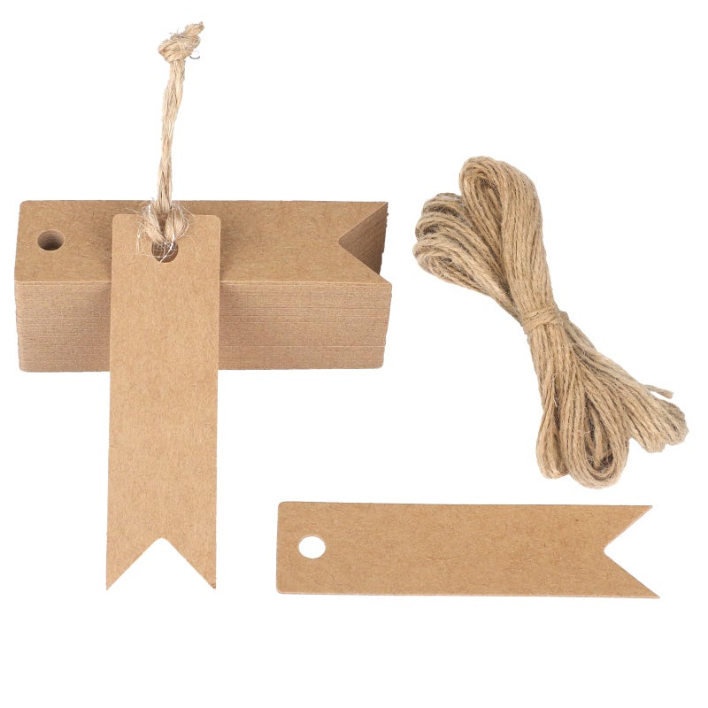 G2PLUS 100PCS Mini Kraft Paper Gift Tags with String 28 x 08 in Blank Paper Present Tags Brown Hang Tags with Jute Twine for DIY Arts Crafts Businesses Wedding Christmas Party Favors