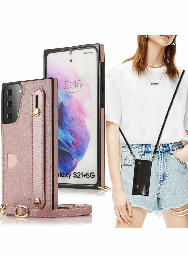 KASTWAVE For Samsung Galaxy S21 Plus Case Cover, S21 Wallet Case, Removable Adjustable Leather Strap Crossbody Card Holders Case, Neck Strap Lanyard Purse Shoulder Strap Purse Case (Rose Gold)  - Image 1